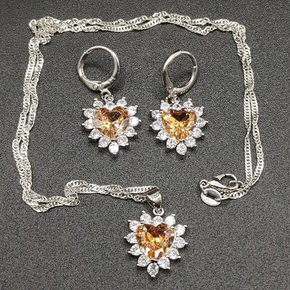 925 Silver Lab Citron Heart Necklace Earrings Set BOHO Women's Summer Gift NEW! - Picture 5 of 8